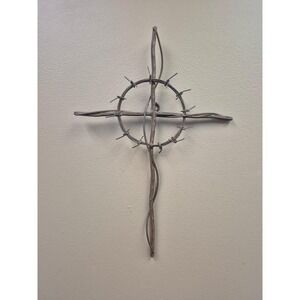 Rustic Metal Barbed Wire Crown of Thorns Wall Cross Religious Home Decor Brown
